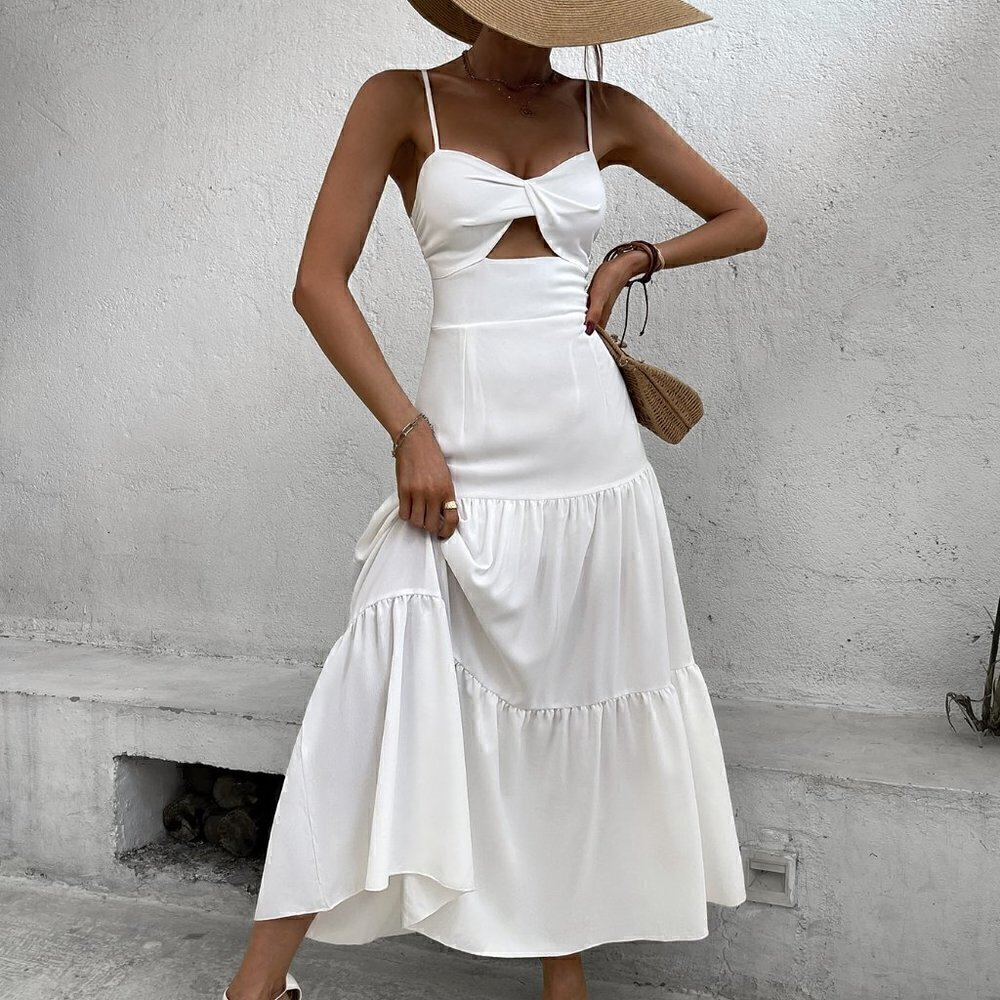 White Boho Womens Twist Front Cut Out Ruffle Hem Maxi Cami Dress - Picture 1 of 5